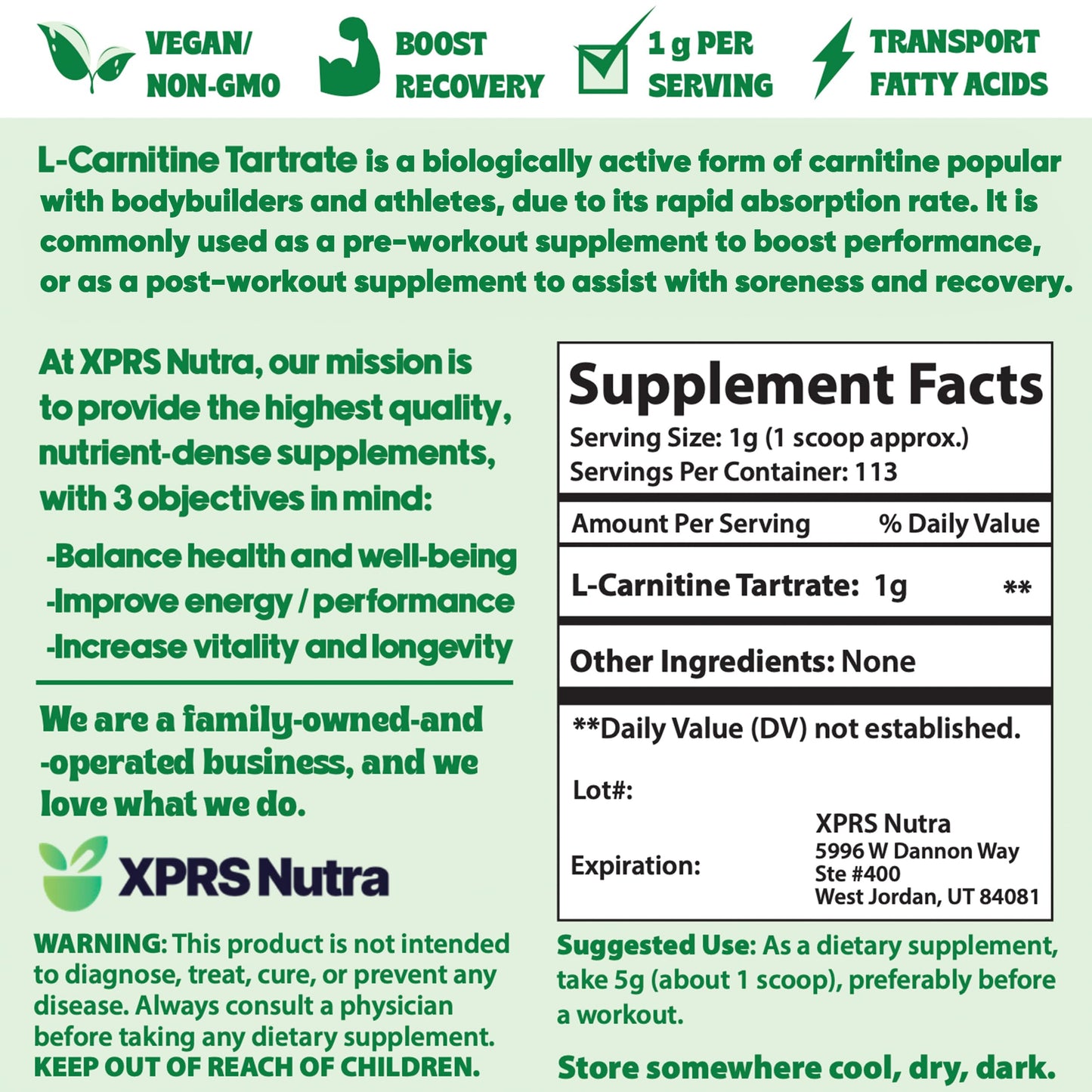 XPRS Nutra L-Carnitine L-Tartrate Powder, 4 Ounce
