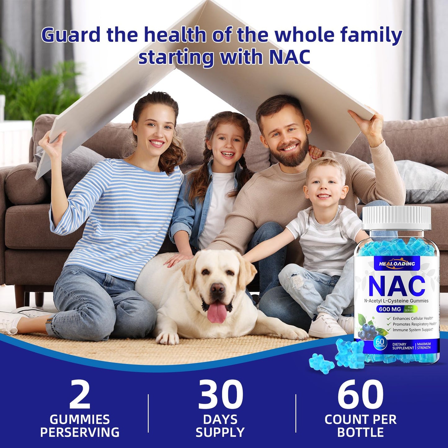 HEALOADING NAC Gummies 600mg (N-Acetyl Cysteine) for Respiratory Health, Liver Detox & Antioxidant Support, 60 Count