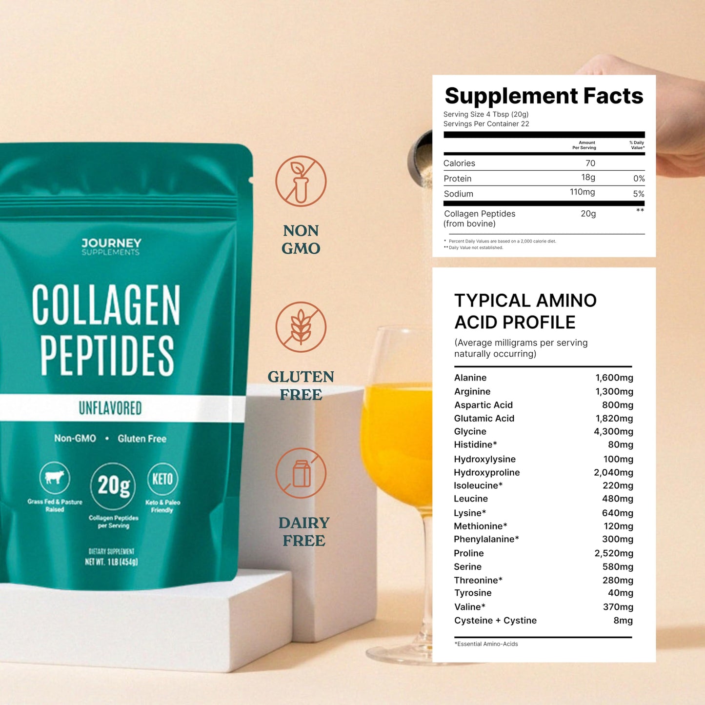 Journey Supplements Collagen Peptides Powder, Unflavored, 1 lb, 16 Servings