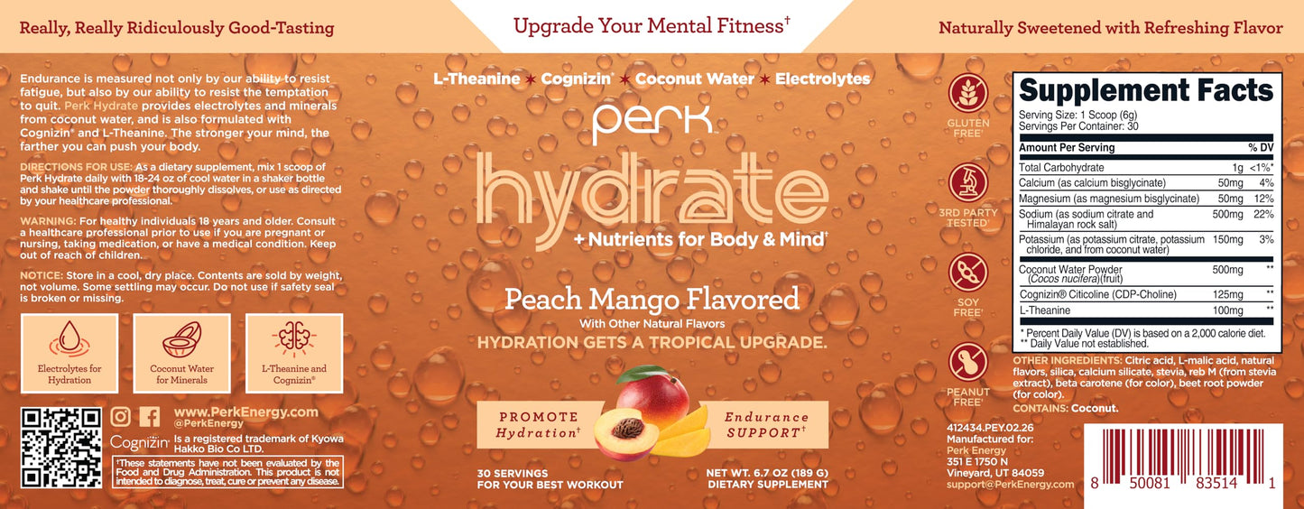 Perk Hydrate Electrolyte Powder (Peach Mango) 6.7 Ounce