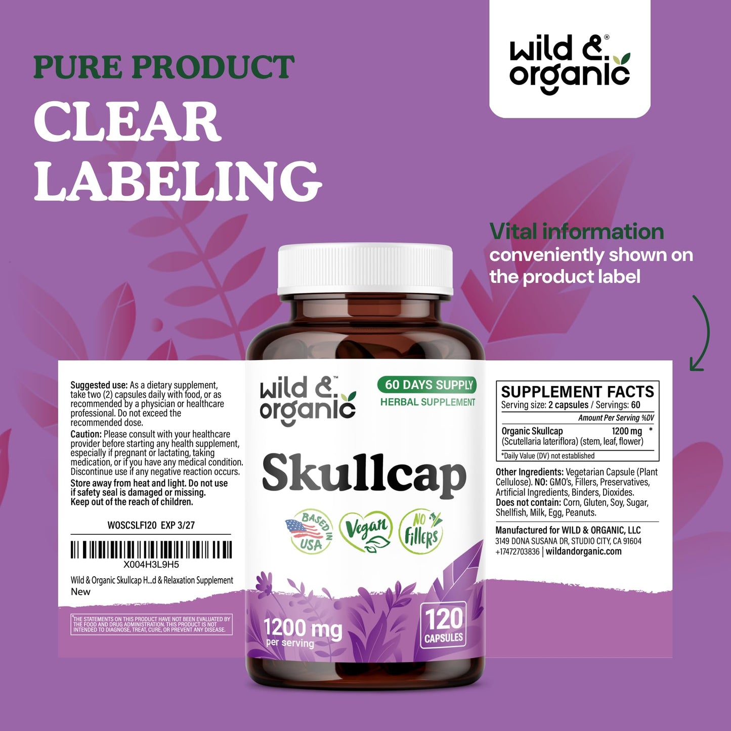 Wild & Organic Skullcap 1200 mg Capsules, 120 Count