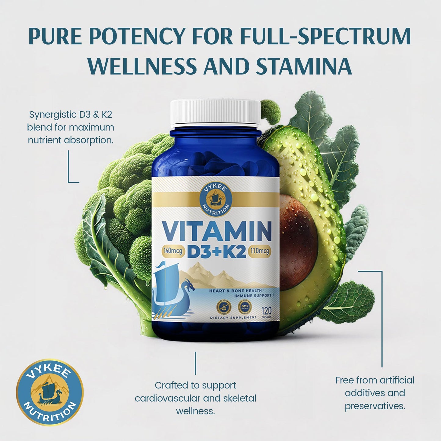 Vykee Nutrition High Potency Vitamin D3 K2 Complex Caplets 120
