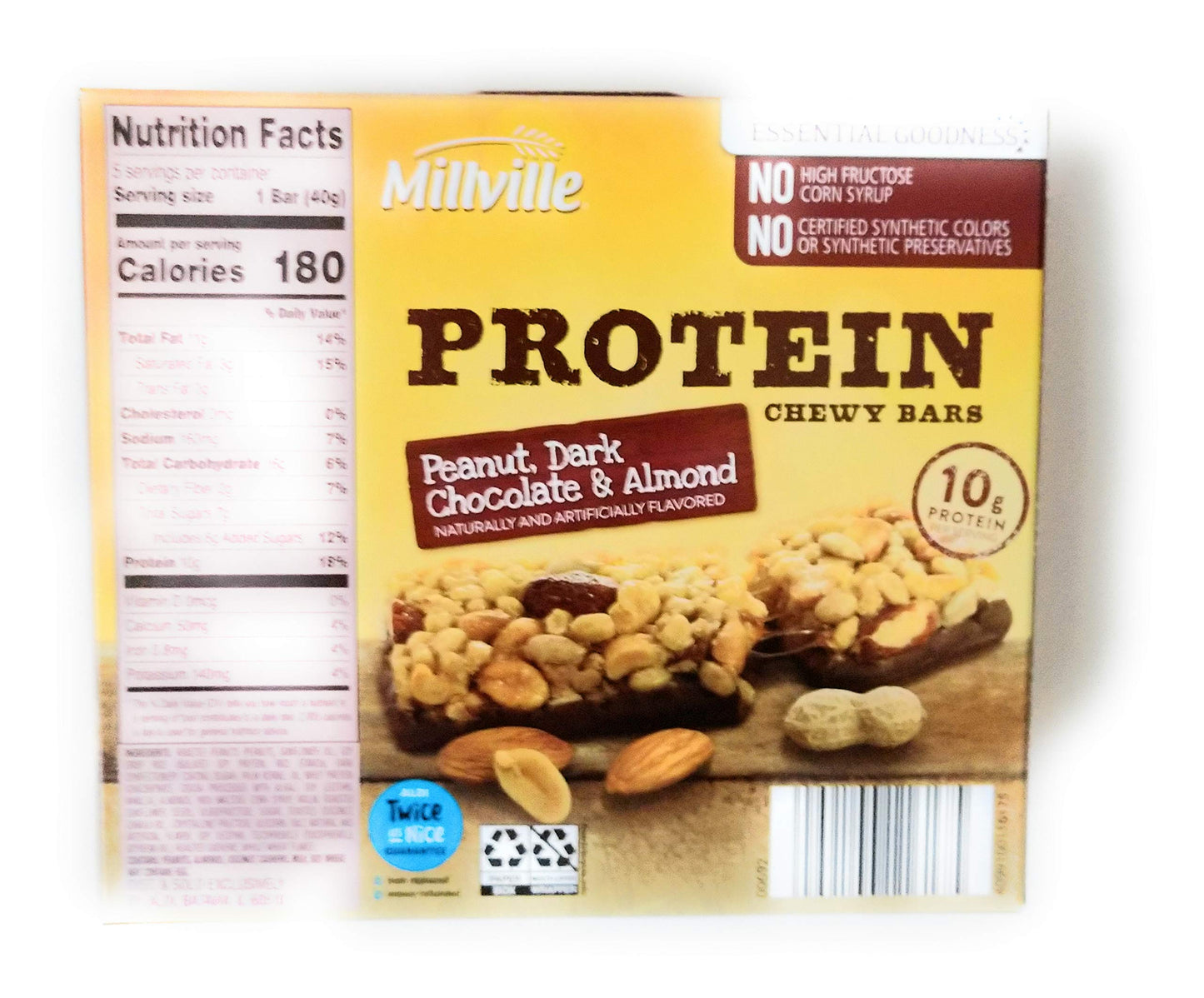 MILLVILLE Peanut, Dark Chocolate & Almond Protein Chewy Bars, 5 Count