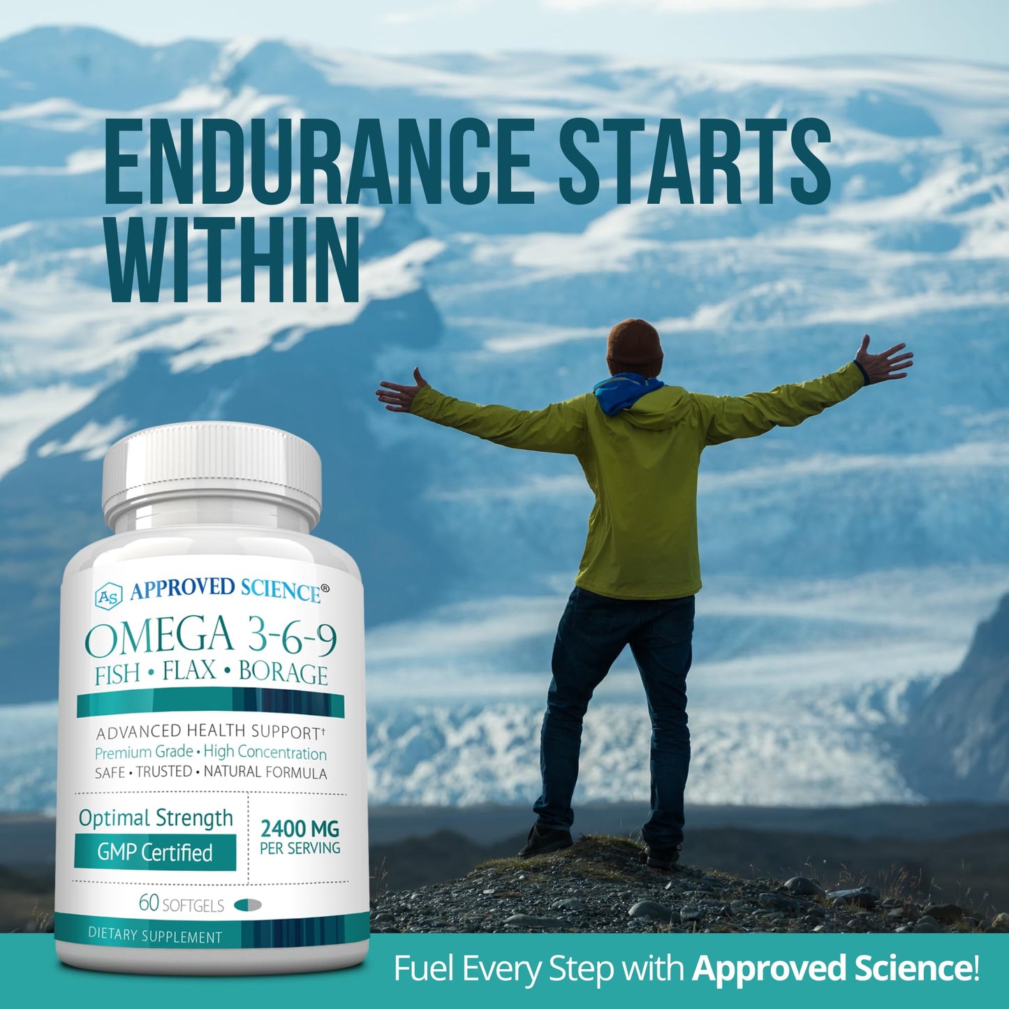 Approved Science Omega 3-6-9-2400mg Daily Blend of Fish, Flaxseed, and Borage Oils with Vitamin E - Wellness Support - Non-GMO, Mercury-Free Softgels 60 Count