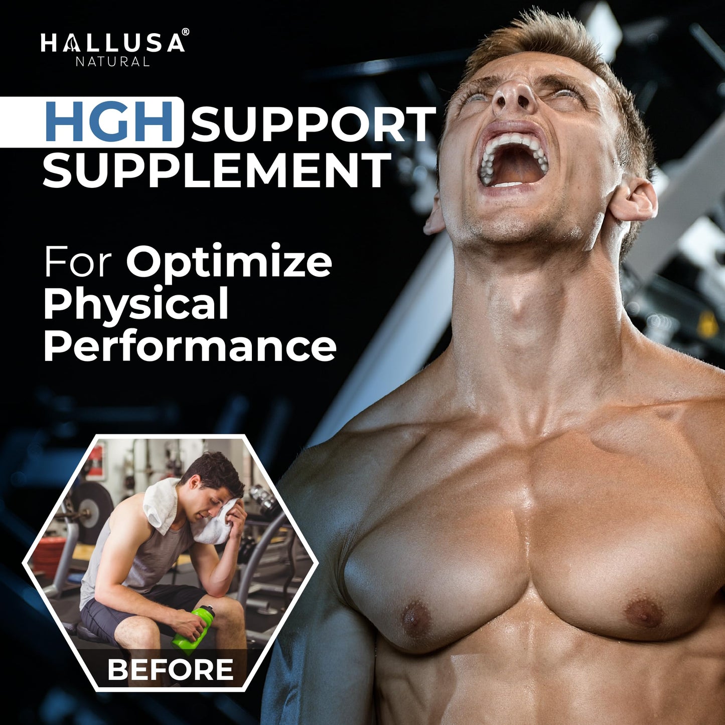 Hallusa Natural HGH-Releasing Support Supplement with L-Arginine & Ornithine, Nitric Oxide Support for Muscle Recovery, Energy & Performance, Amino Acid Complex with Vitamin B3 & Chromium, 60 Tablets