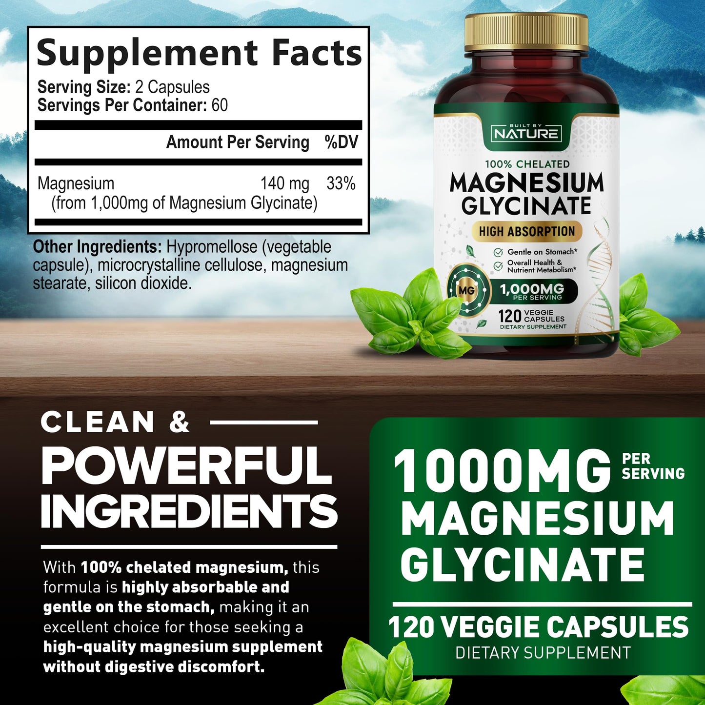 Built by Nature Magnesium Glycinate 1000mg Capsules, 120 Count
