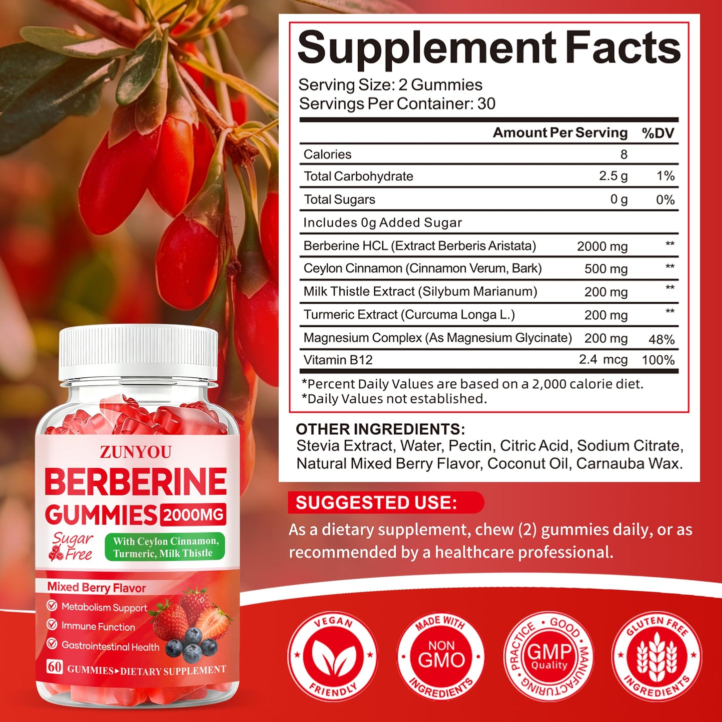 ZUNYOU Berberine Gummies 2000mg with Ceylon Cinnamon for Metabolism and Immune Support, Sugar Free, Vegan, Non-GMO, 60 Gummies