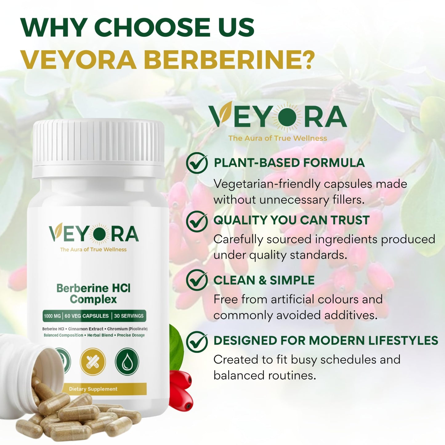 VEYORA Berberine HCl Complex 1000 mg, 60 Vegan Capsules