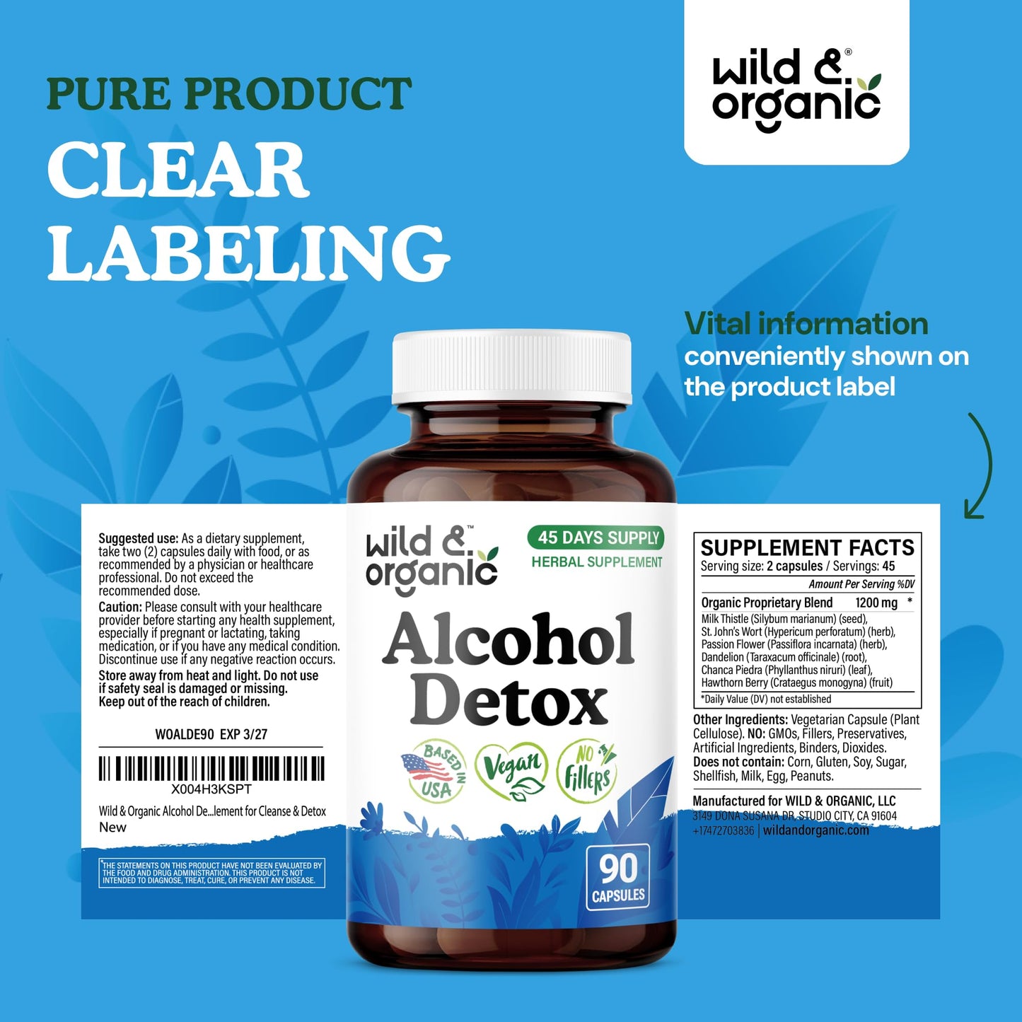 Wild & Organic Alcohol Detox Capsules - Liver & Kidney Support - 90 Count