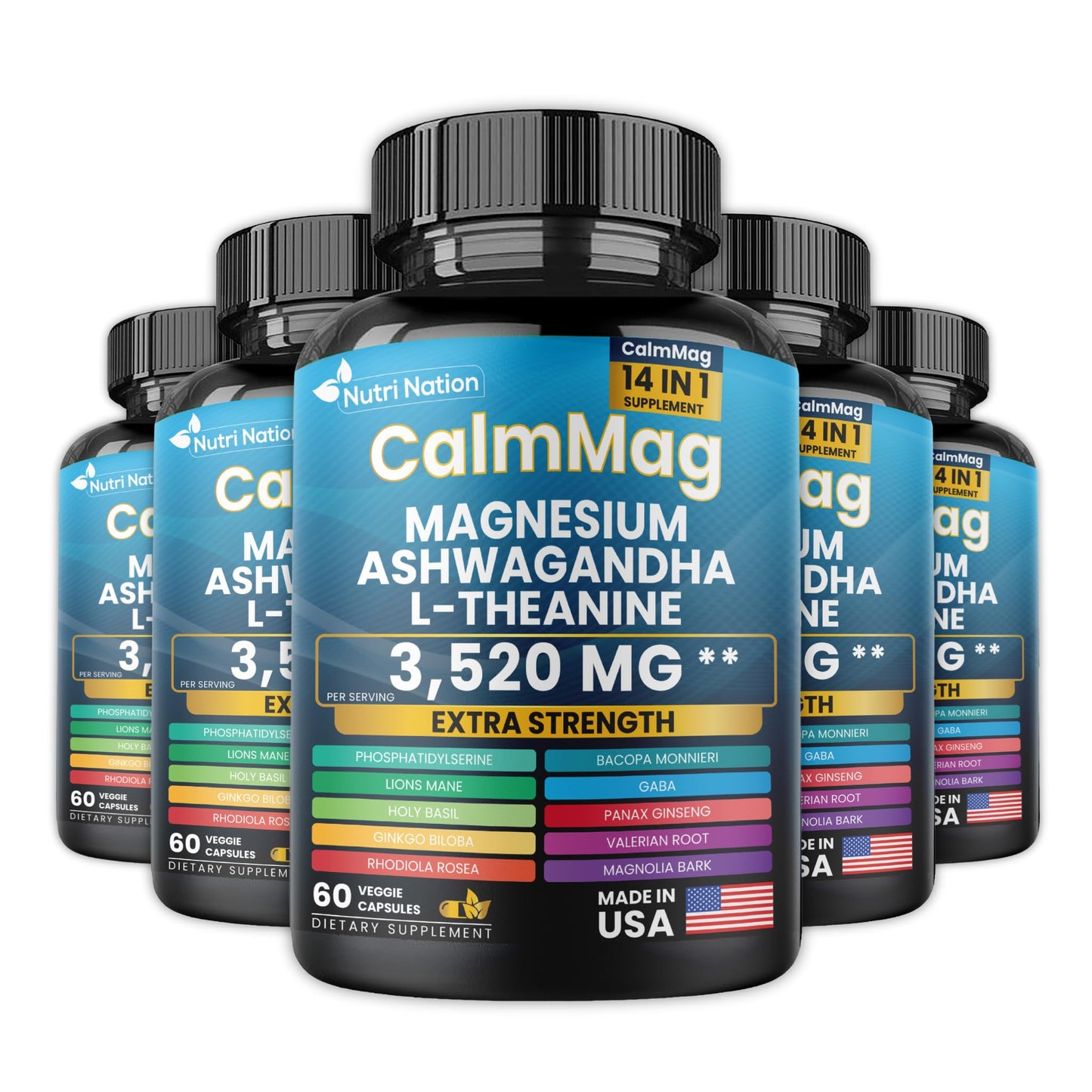 Nutri Nation Magnesium Glycinate with Ashwagandha and L-Theanine 14 in 1 Supplement Capsule, 1 Count