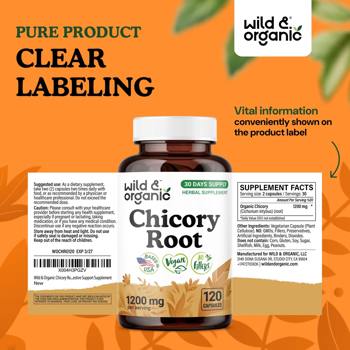 Wild & Organic Chicory Root Fiber Capsules, 120 Count