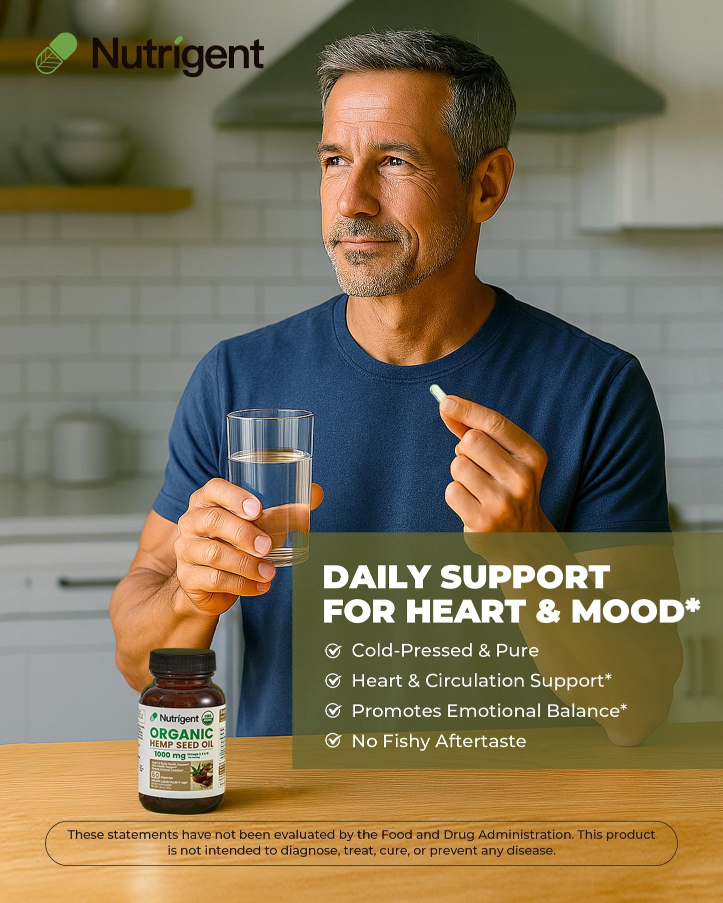 Nutrigent USDA Organic Hemp Seed Oil 1000 mg, Cold Pressed & 100% Pure, Plant-Based Omega 3-6-9 for Heart, Joint, Relaxation & Emotional Wellness, 60 Capsules