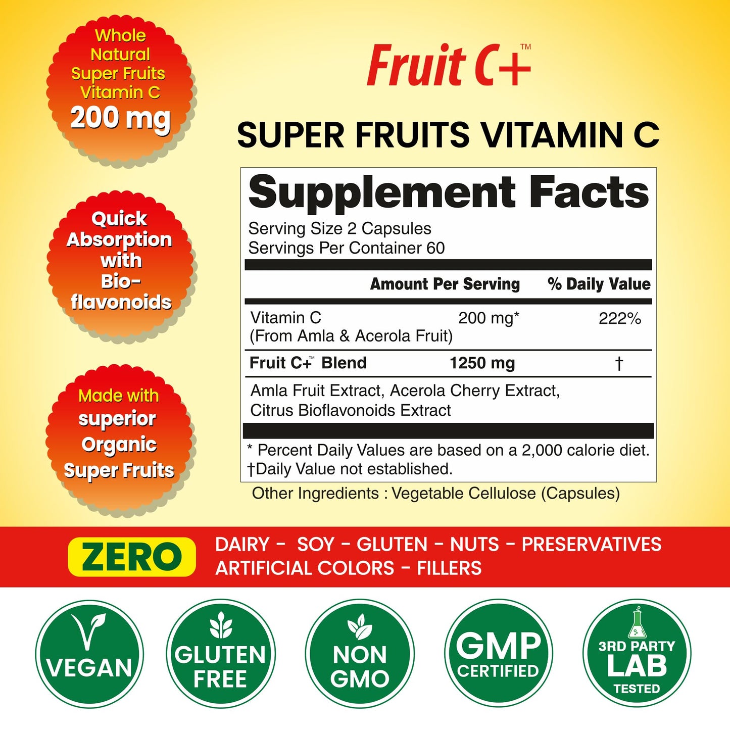 Organic Veda Fruit C+ Vitamin C Complex 1250mg Whole Food Vitamin C Supplement with Citrus Bioflavonoids, Acerola & Amla - 120 Capsules