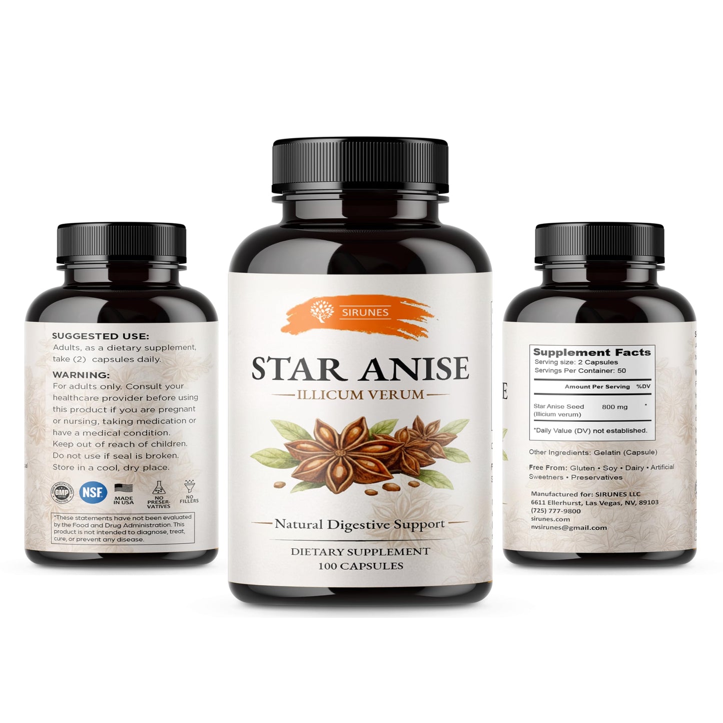 SIRUNES Star Anise Capsules, 100 Count
