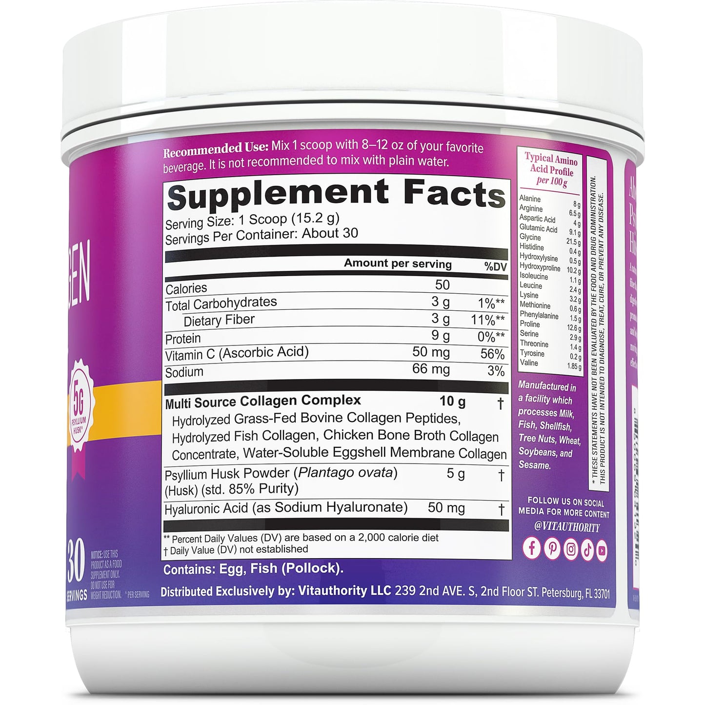 Vitauthority Multi Collagen Protein Powder + Fiber Supplement with Collagen Types I, II, III, V & X, Hair, Skin, Nail, & Digestive Support, Vitamin C & Hyaluronic Acid, Unflavored Powder, 16