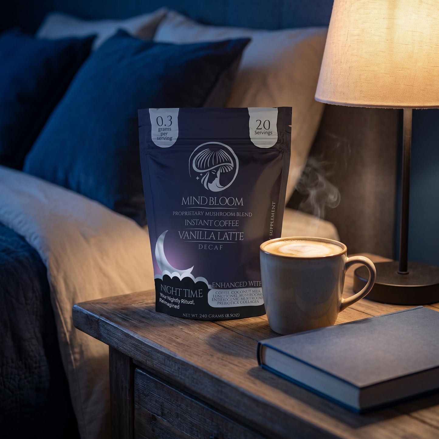 Mind Bloom Night Time Vanilla Latte Instant Coffee Decaf Proprietary Mushroom Blend Powder 8.5 Ounce