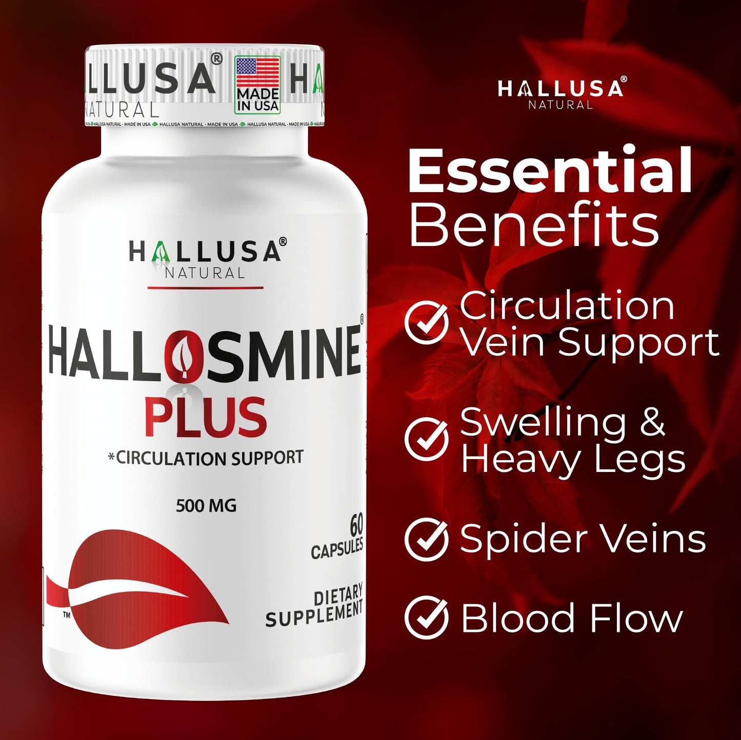 Hallusa Natural Hallosmine Plus Diosmin 500mg Supplement Capsules, 60 Count