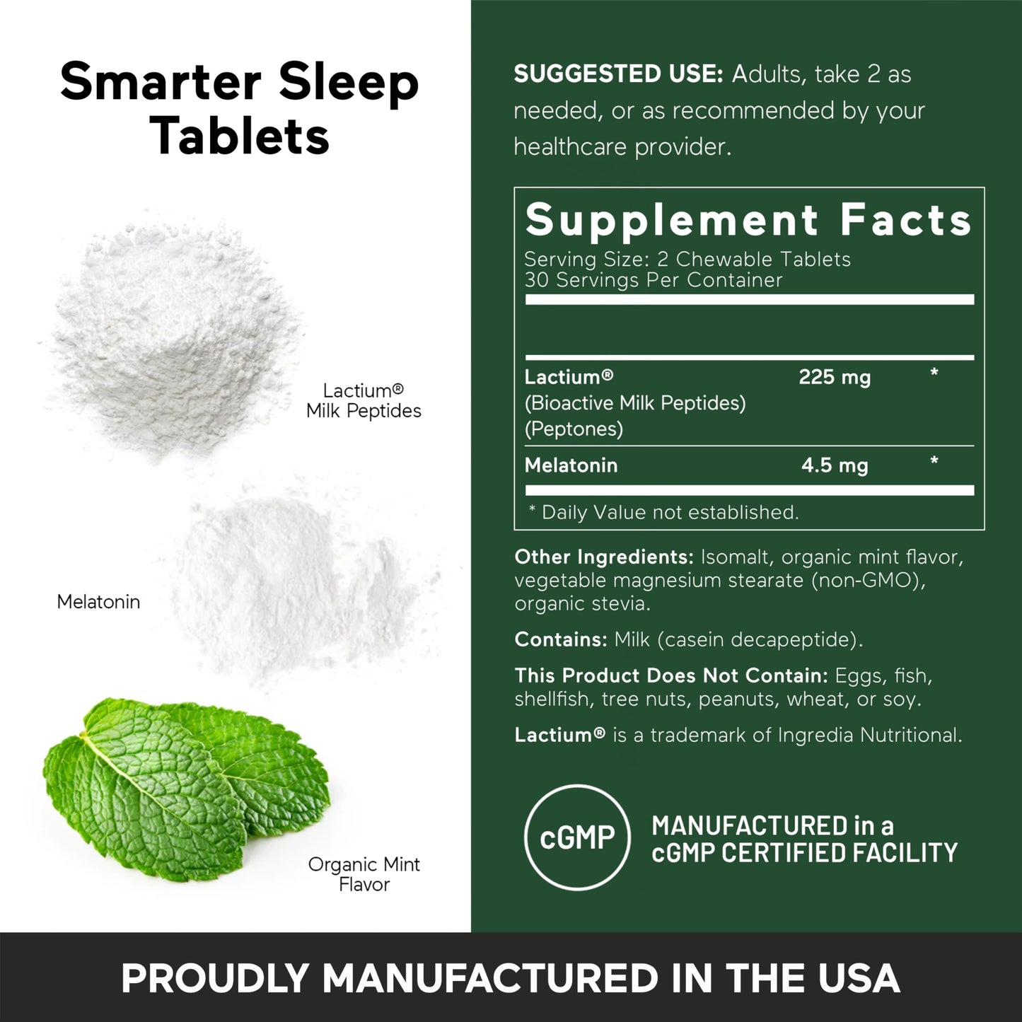 SMARTERNUTRITION Smarter Sleep Melatonin Dissolvable Tablets 4.5 mg + Natural Clinically Proven Lactium for Sleep & Stress Support - Mint Flavor, 60 Tablets