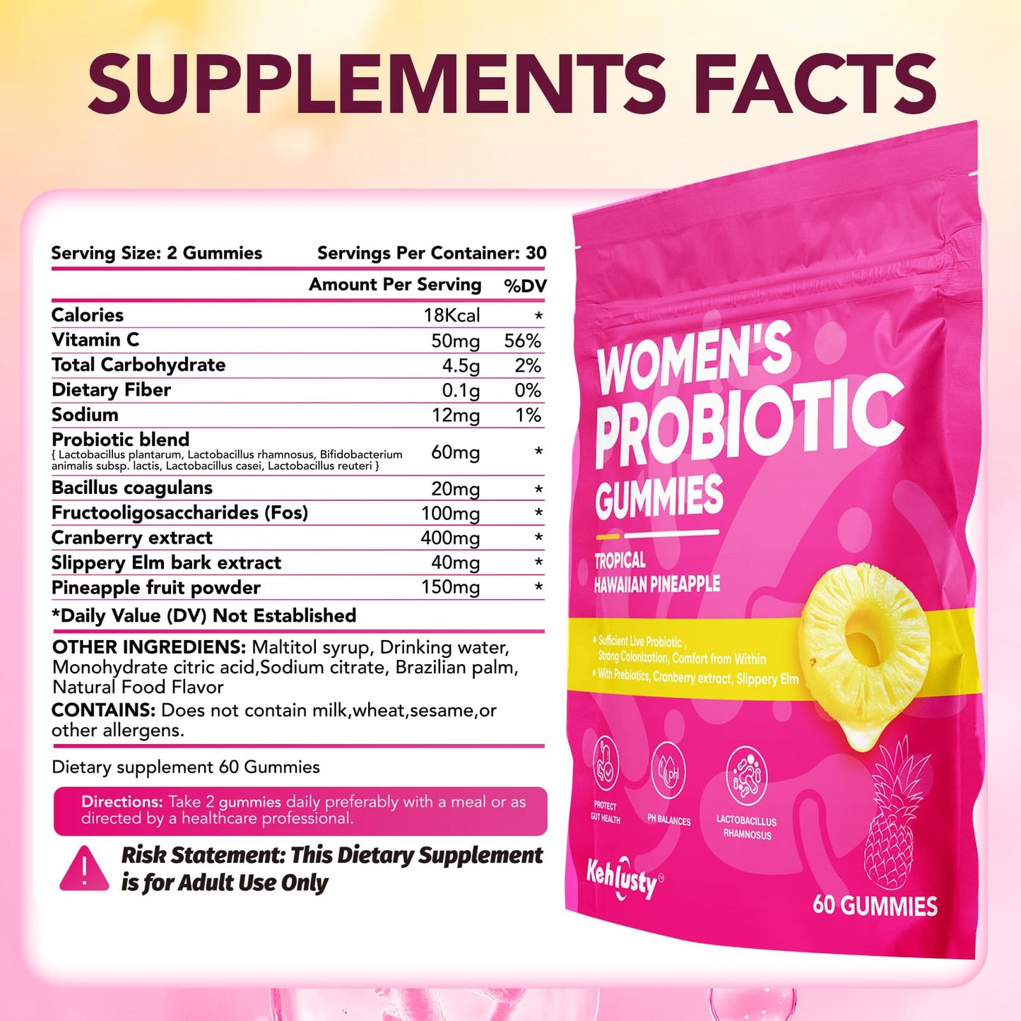 KEHLUSTY Feminine Probiotic Gummies for Women, Pineapple, 60 Gummies