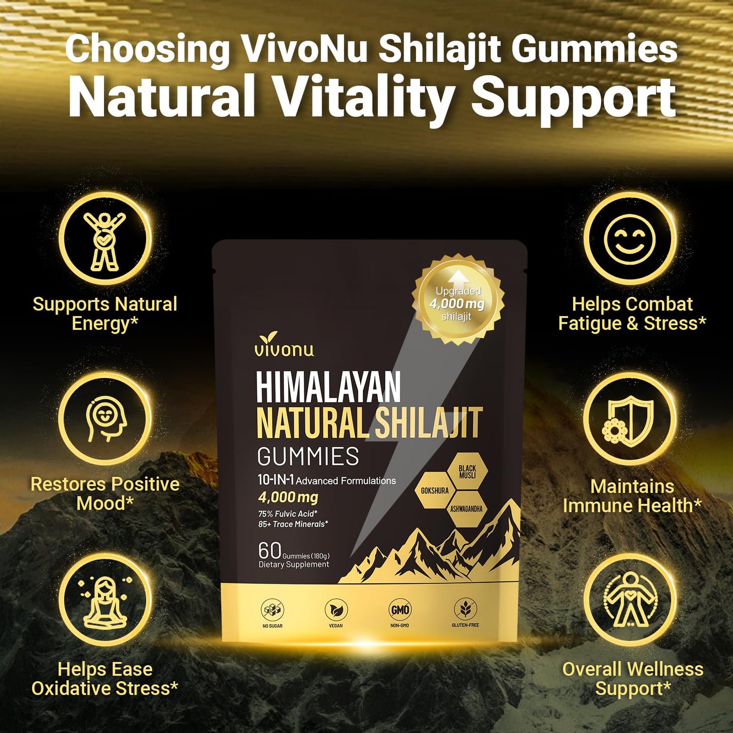 VivoNu Himalayan Shilajit with Ashwagandha & Gokshura Gummies 60