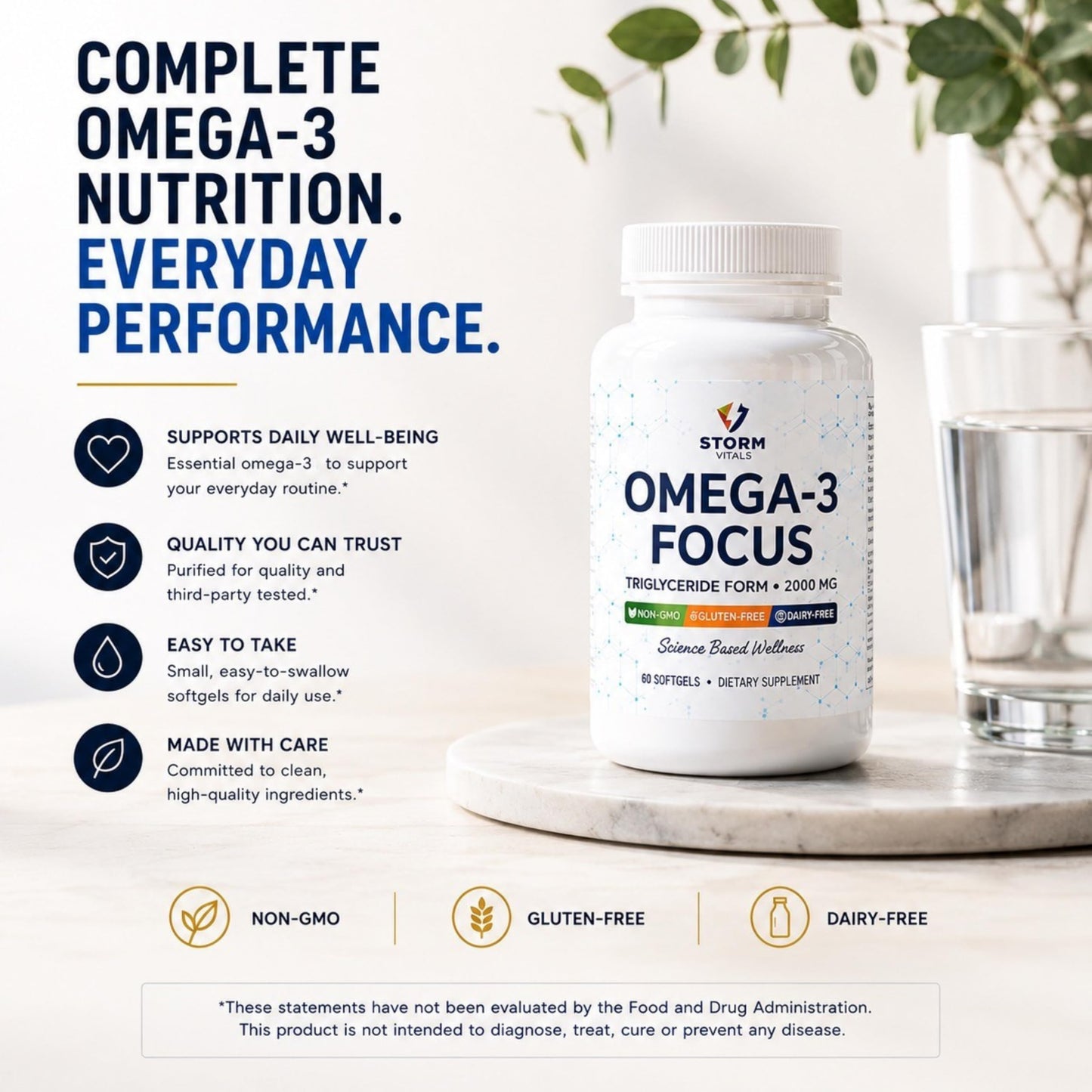 STORM VITALS Omega-3 Focus 2000mg with Nootropic Formula – Citicoline, DHA, EPA, B12, PQQ, Folate & P5P – Triglyceride Form Omega 3 Softgels 60