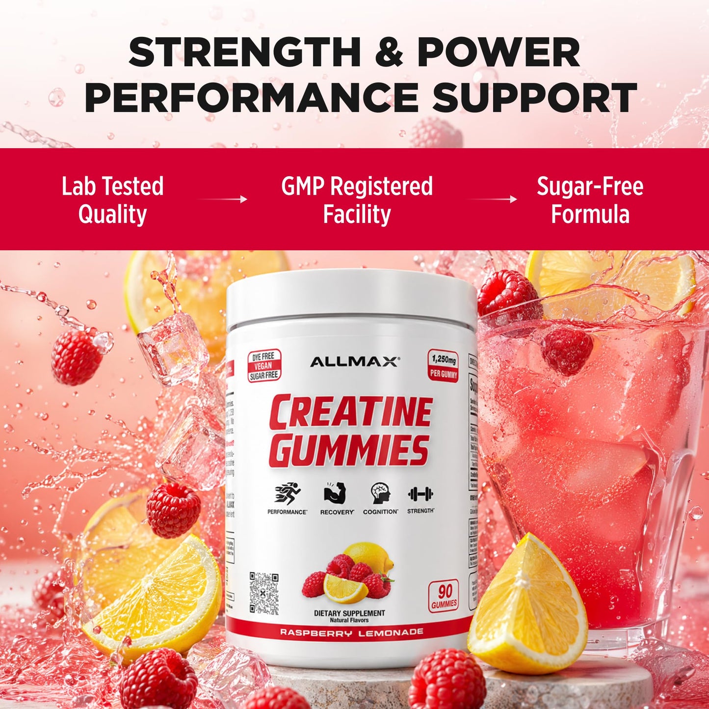 ALLMAX Creatine Gummies Raspberry Lemonade, 90 Count