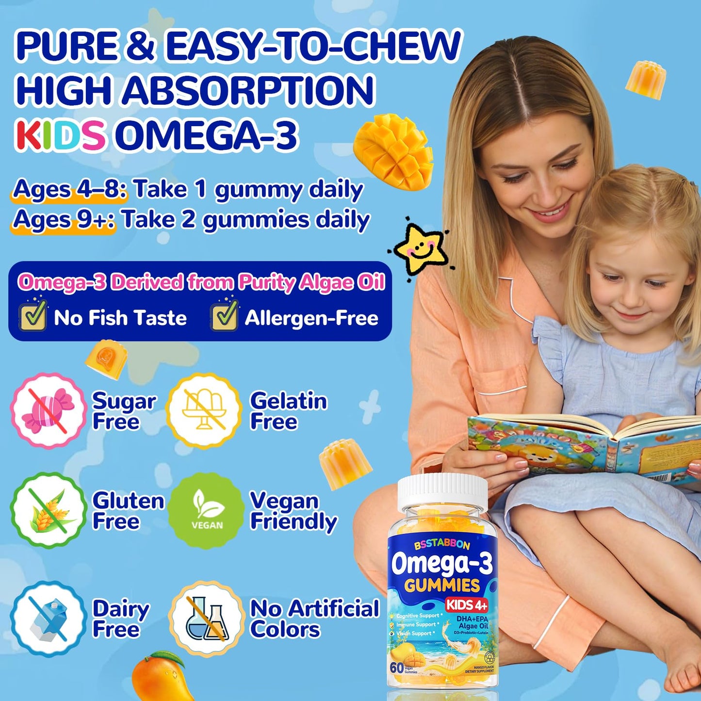 BSSTABBON Vegan Omega 3 Gummies for Kids 4+ DHA EPA with Vitamin D3 B12 Probiotic Lutein Zinc No Fish Taste Multivitamin, 60 Gummies