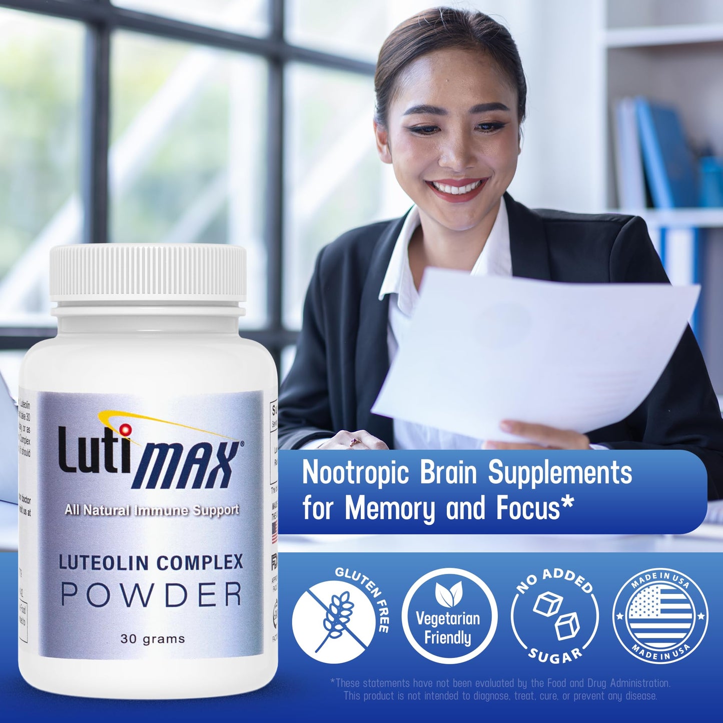 Luti Lutimax Luteolin Complex Powder Brain Supplement with Rutin - Nootropic Brain Supplements for Memory and Focus to Improve Brain Health - Antioxidant Supplement for Immune Support, Powder, 1.05 Ounce