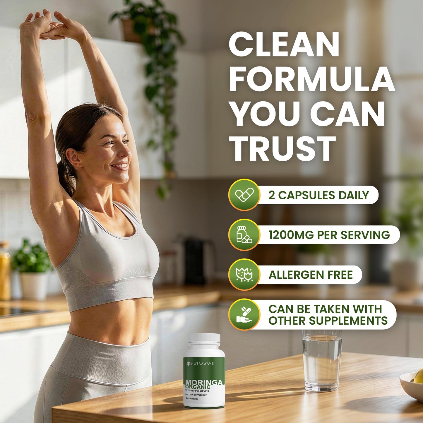 Nutra Wave Organic Moringa Capsules 1200mg – Pure Moringa Oleifera Leaf Supplement Energy, Immune & Lactation Support – Antioxidants & Amino Acids for Women & Men, Non-GMO, Vegan, 120 Capsules