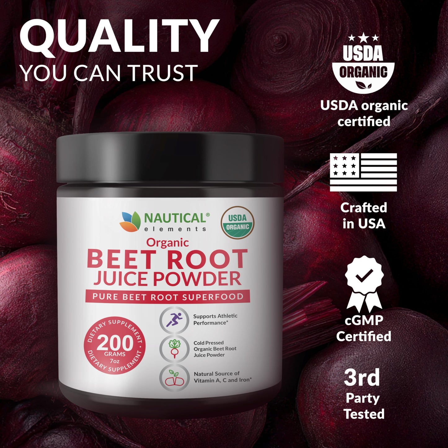Nautical Elements Beet Juice Powder Organic Cold Pressed 20:1 Concentrate - Nitric Oxide Support, 7 oz