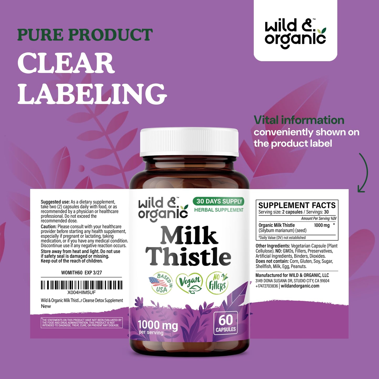 Wild & Organic Milk Thistle Capsules 1000mg, 60 Capsules
