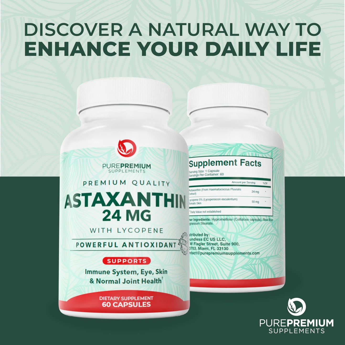 PurePremium Supplements Astaxanthin 24mg with Lycopene 50mg Capsule, 60 Count