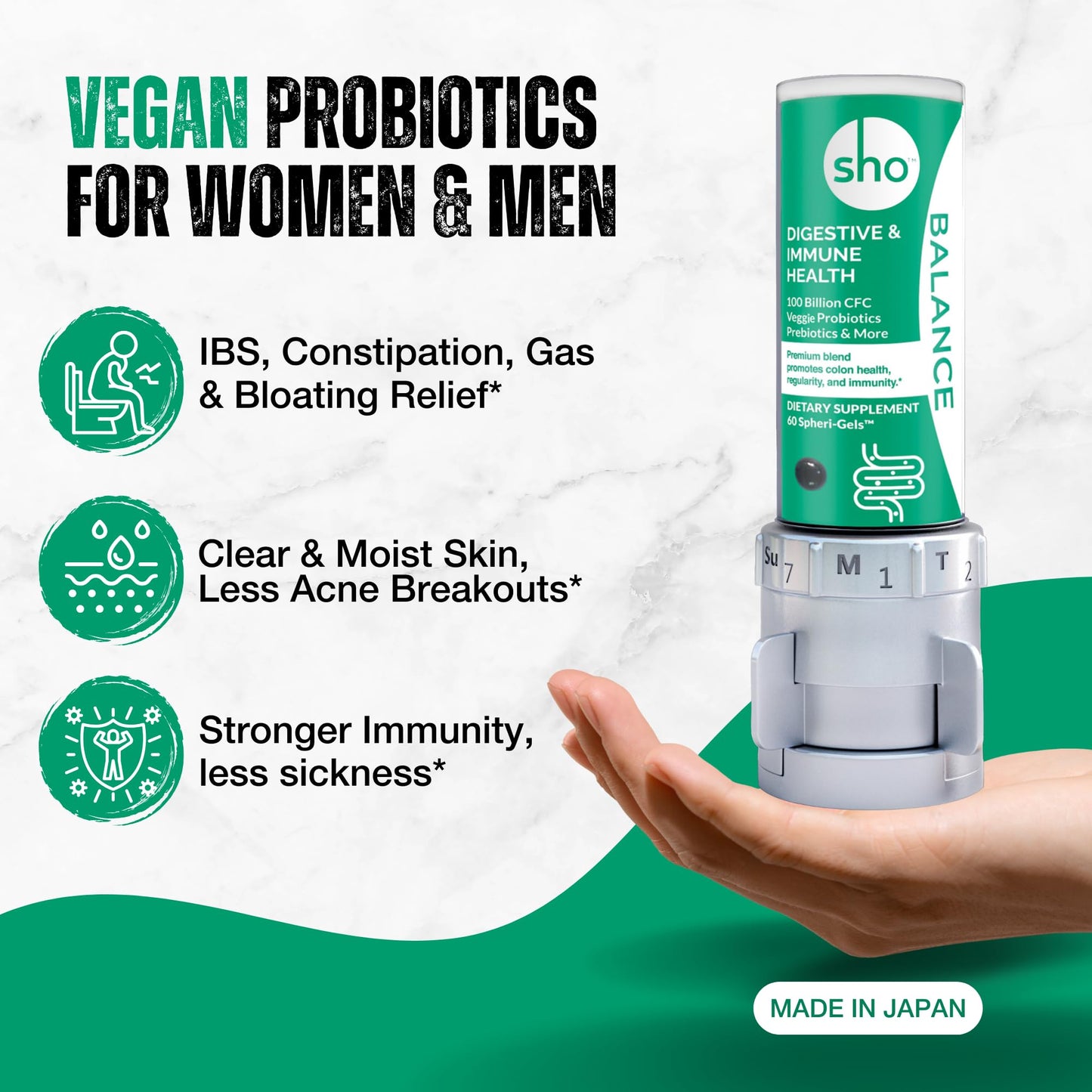 SHO Balance 100 Billion CFU Prebiotics and Probiotics Including Lactobacillus Casei for Digestive Health, Shelf-Stable Vegan Probiotics for Men and Women, 60 Softgels