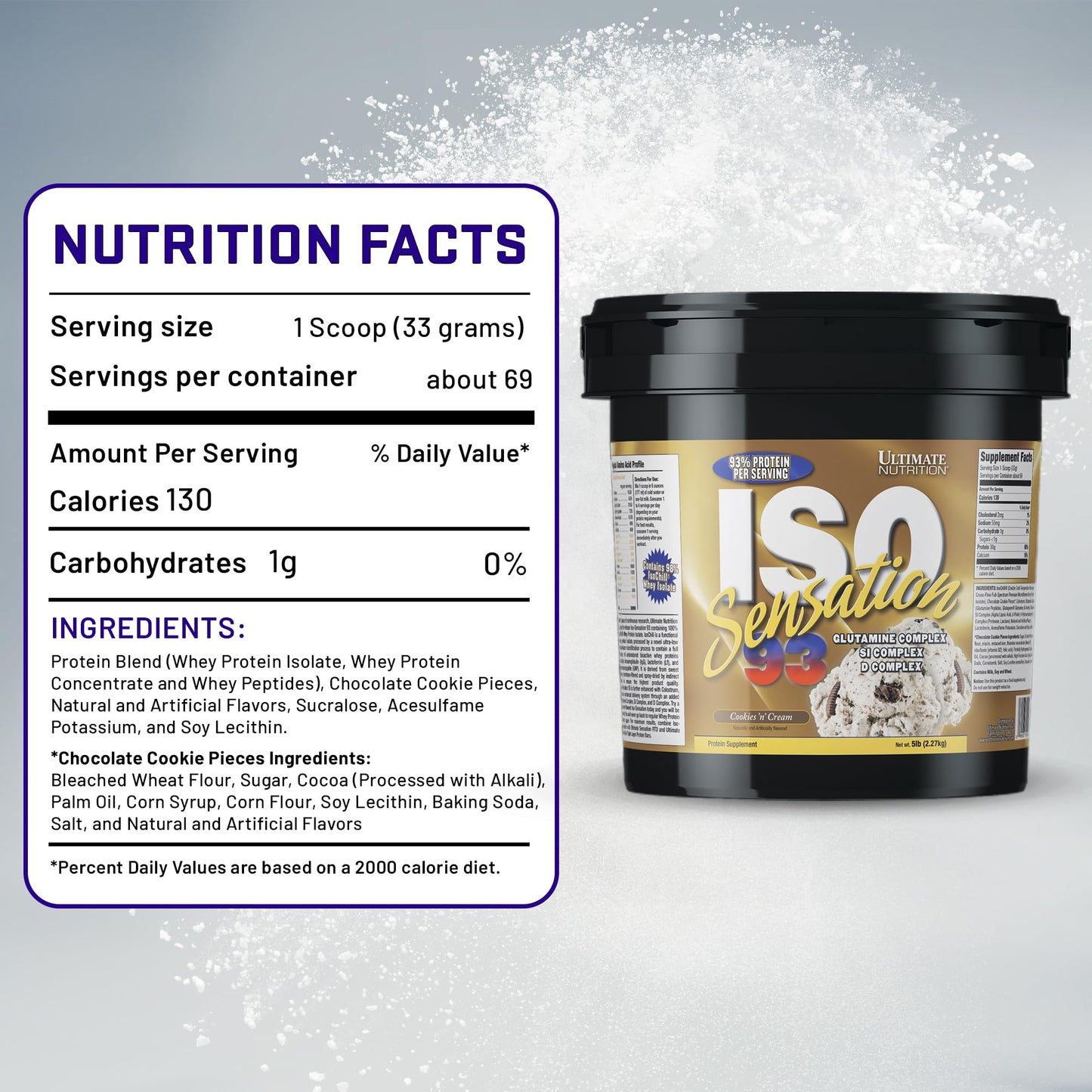 Ultimate Nutrition Whey Protein Isolate Powder with Glutamine Complex, ISO Sensation 93, Cookies N Cream, 80 Servings, 5 lb