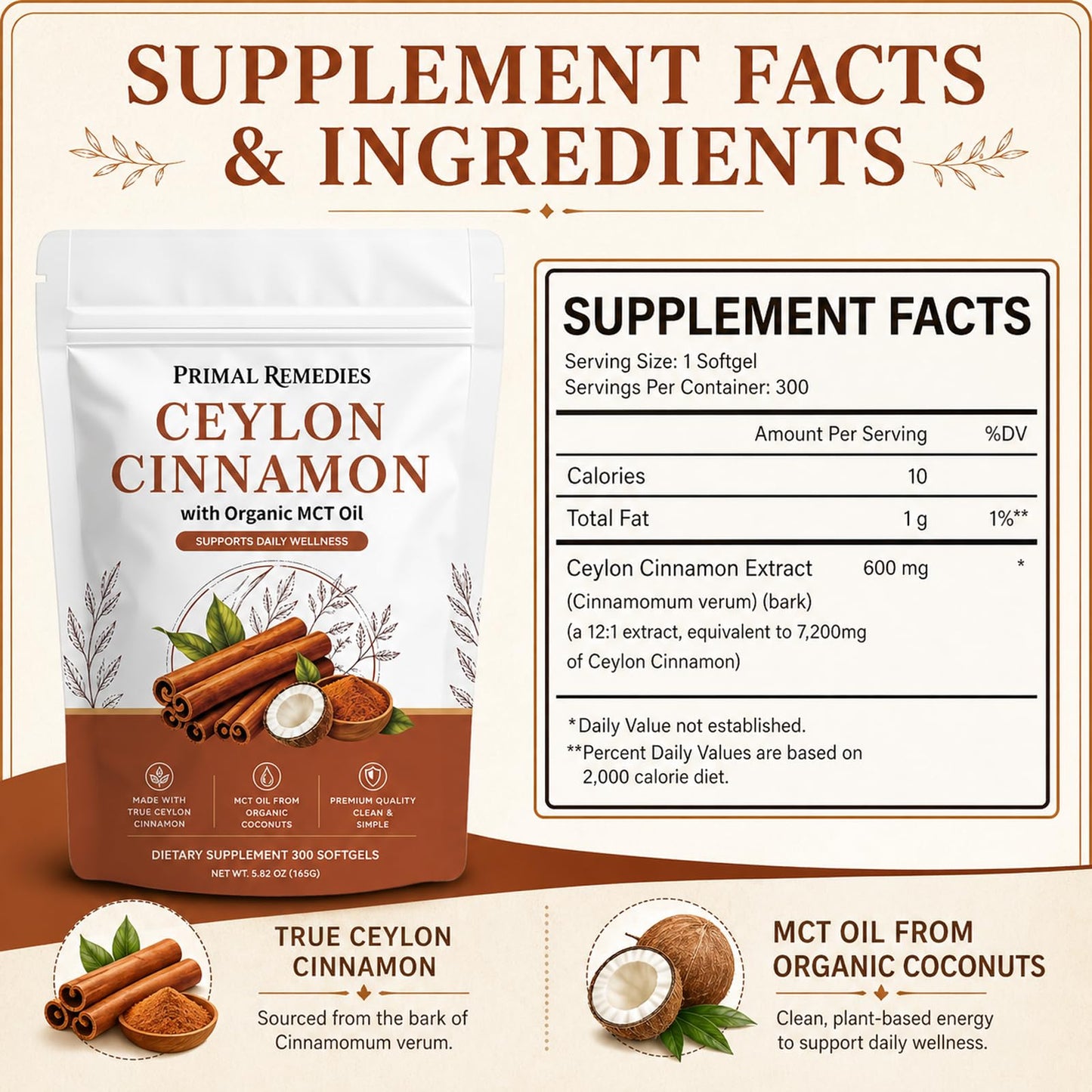 Primal Remedies Ceylon Cinnamon Softgels with MCT Oil, 300 Softgels