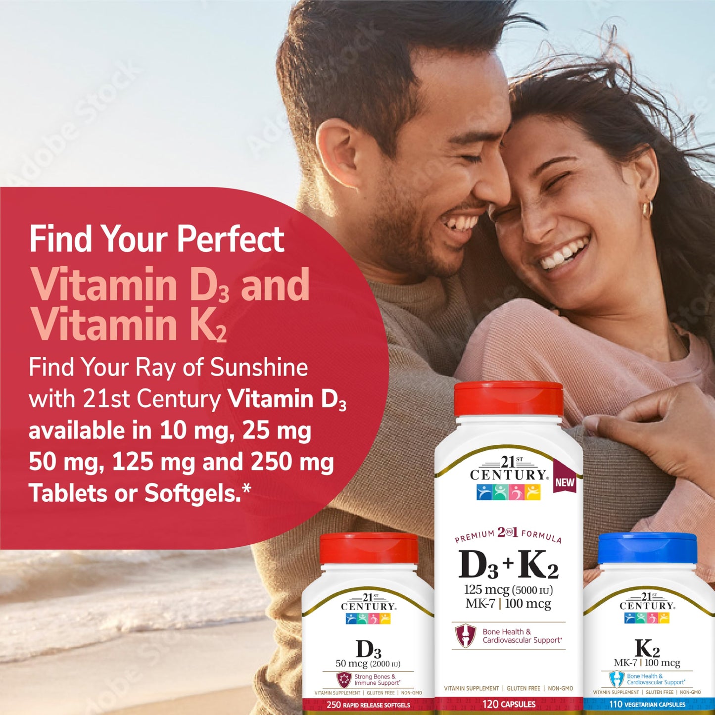 21st Century Vitamin D3 125 mcg (5000 IU) + K2 100 mcg Capsules, 120 Count
