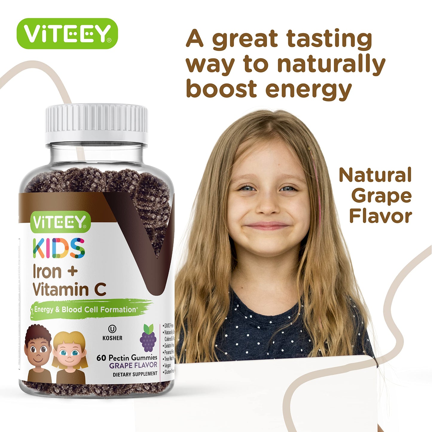 Viteey Iron for Kids with Vitamin C - Tasty Chewable Grape Flavored Gummy, 120 Count