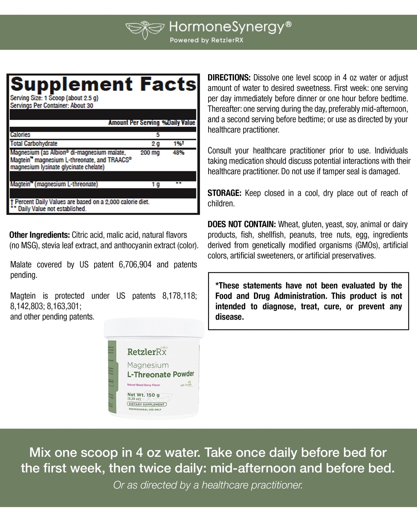 HormoneSynergy Magnesium L-Threonate Powder with Magtein - Brain-Supporting Magnesium Threonate Complex - Mixed Berry, Gluten-Free Supplement for Cognitive Health - 5.29 Ounce