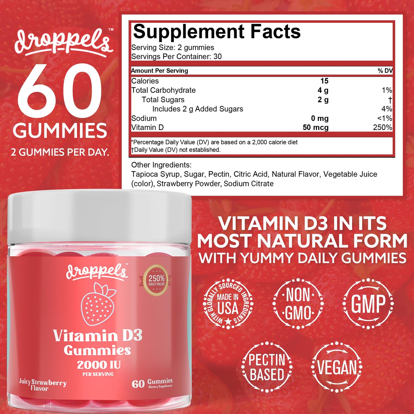 Droppels Vitamin D3 Gummies 2000 IU – Extra Strength, Vegetarian, Plant-Based (Pectin) – Juicy Strawberry Flavor, 60 Count