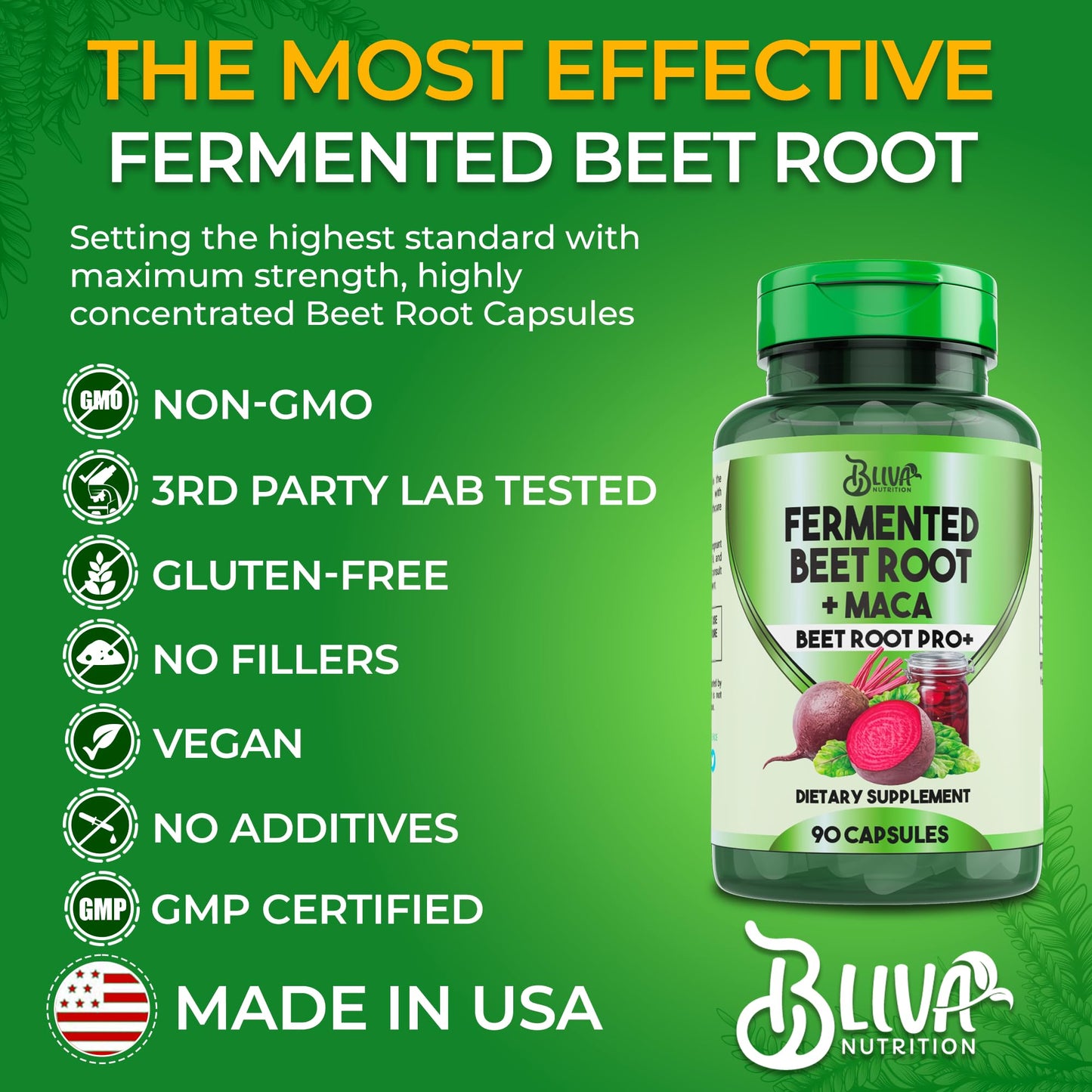 BLIVA NUTRITION Organic Fermented Beet Root with Maca Capsules 1200mg, 90 Capsules