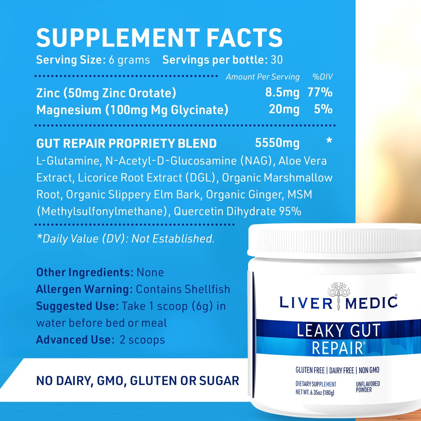 Liver Medic Leaky Gut Repair Supplement Powder 6.35 Ounce