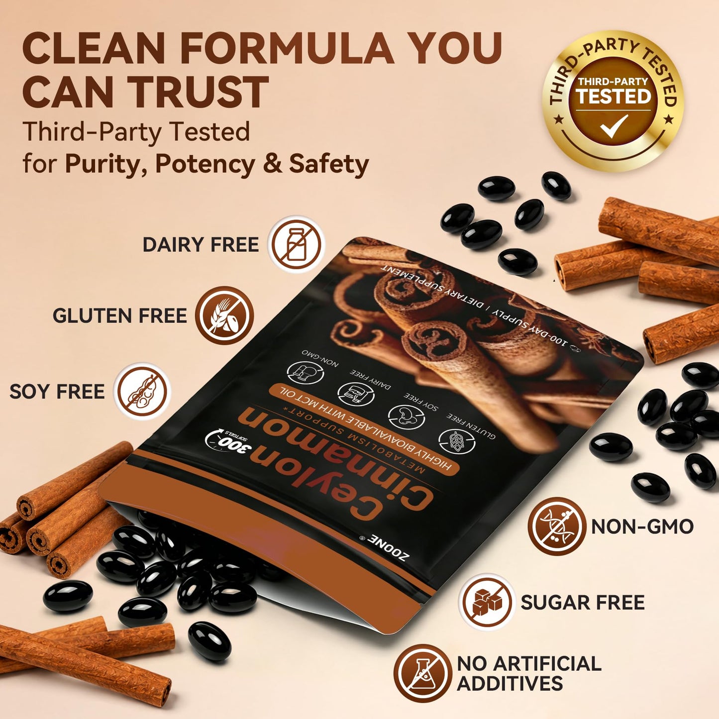 Zoone Ceylon Cinnamon Softgels with MCT Oil, Herbal Extract, 300 Softgels