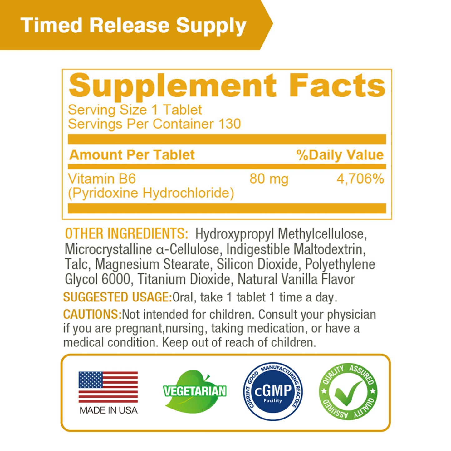 LOVITA Vitamin B6 (Pyridoxine Hydrochloride) 80 mg Timed Release Tablet, 130 Count