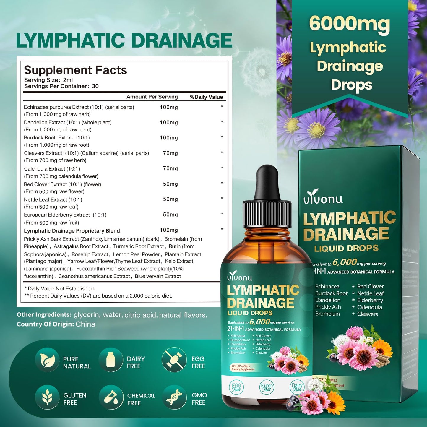 VivoNu 21-in-1 Liposomal Lymphatic Drainage Drops – Advanced Herbal Detox & Immune Booster with Echinacea, Burdock Root, Elderberry & Seaweed Extract – 6000mg High Potency Softgel 1 Count