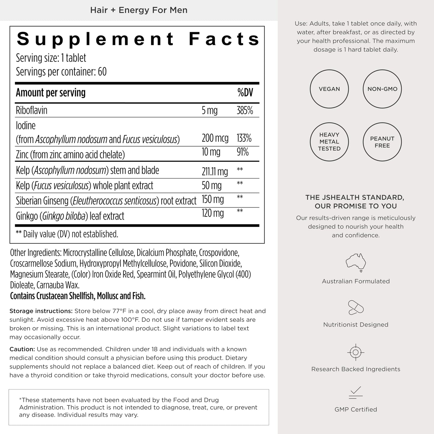 JSHealth Hair Growth Supplement for Men Capsule 60 Count