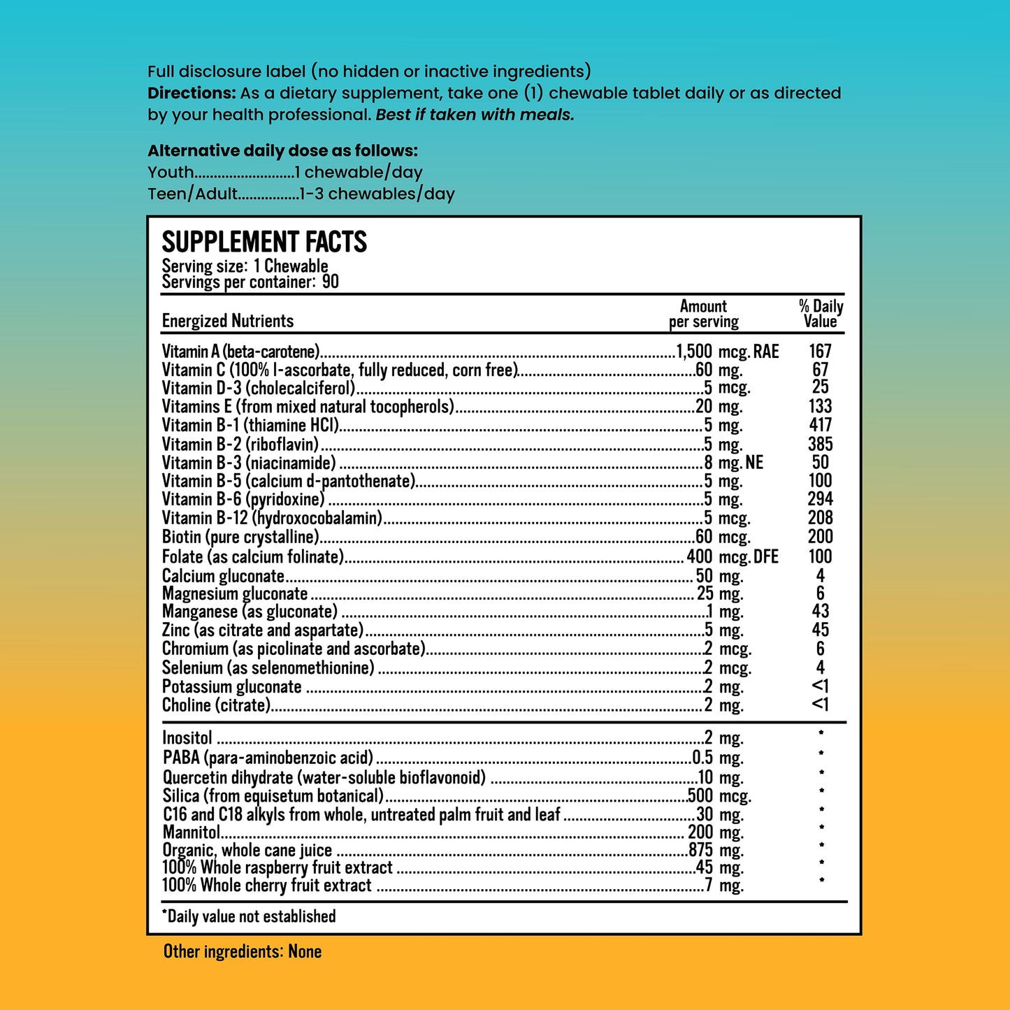 Alkaline for Life Energized Multi+ Chewables Daily Multivitamin with Methylated B12 and Folate, Mineral Chelates and Citrate Forms, Berry-Flavored Chewable, 90 Count