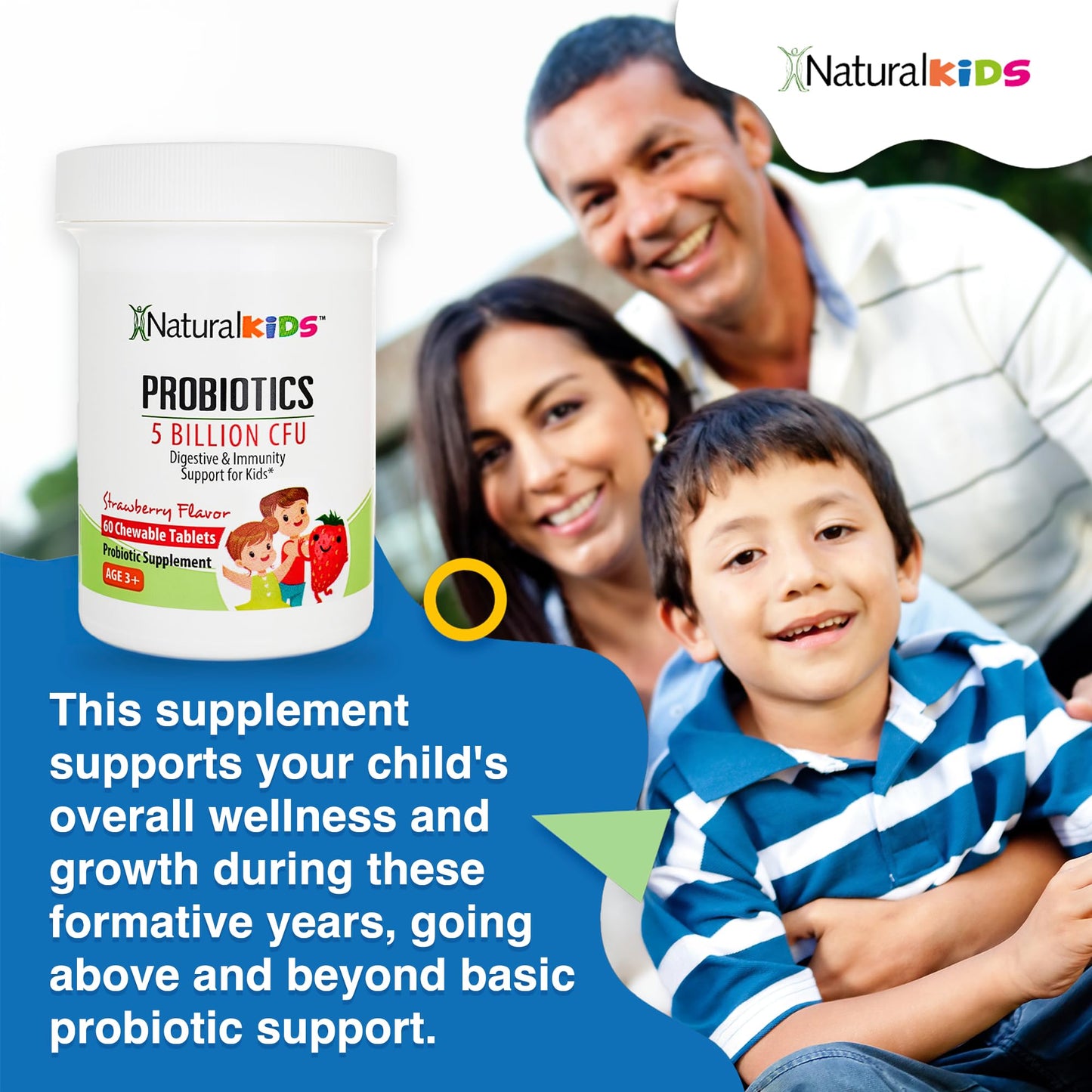 NaturalKids NaturalSlim Kids Probiotics for Digestive & Gut Health, Immune Support, 5 Billion CFU with LGG, BB-12 & 4 Probiotic Strains, 35 mg Calcium, for Children Ages 3+, Strawberry Flavor, 60 Chewable Tablets