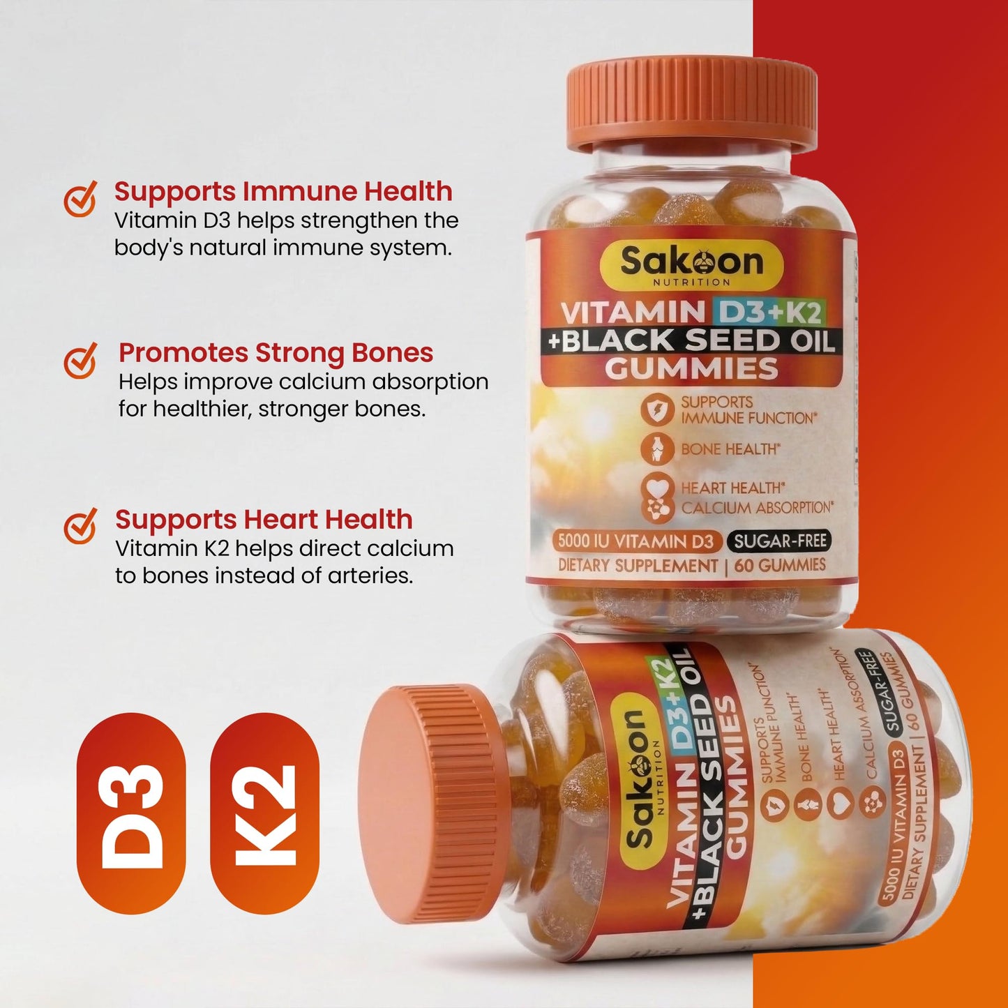 Sakoon nutrition Vitamin D3 K2 Gummies with Black Seed Oil for Bone, Teeth, Muscle and Immune Defense Support, Non-GMO, Gluten Free, 60 Count
