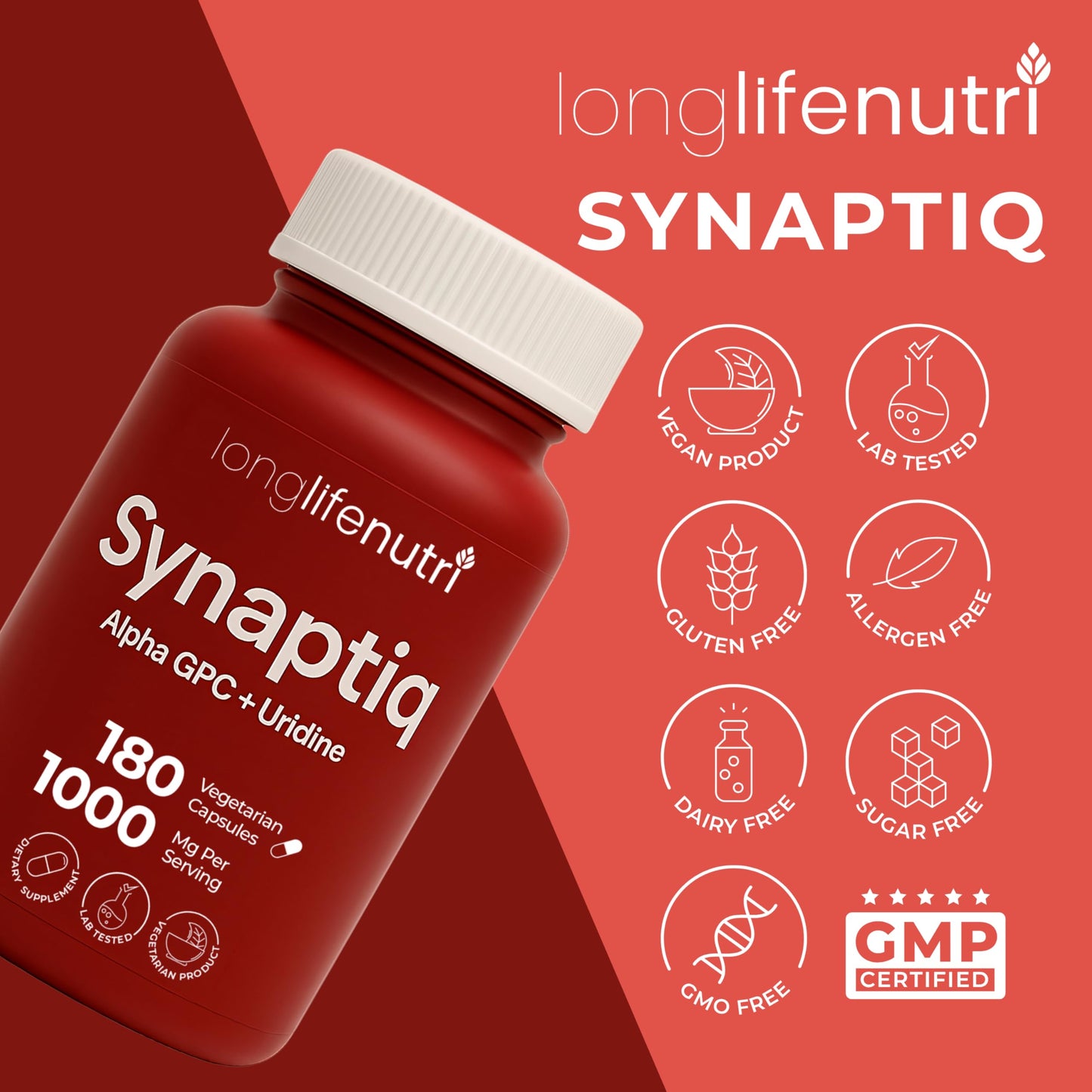 LongLifeNutri Synaptiq 1000mg (Alpha GPC + Uridine Monophosphate 600mg/400mg) Nootropic Choline Supplement, 180 Vegetarian Capsules