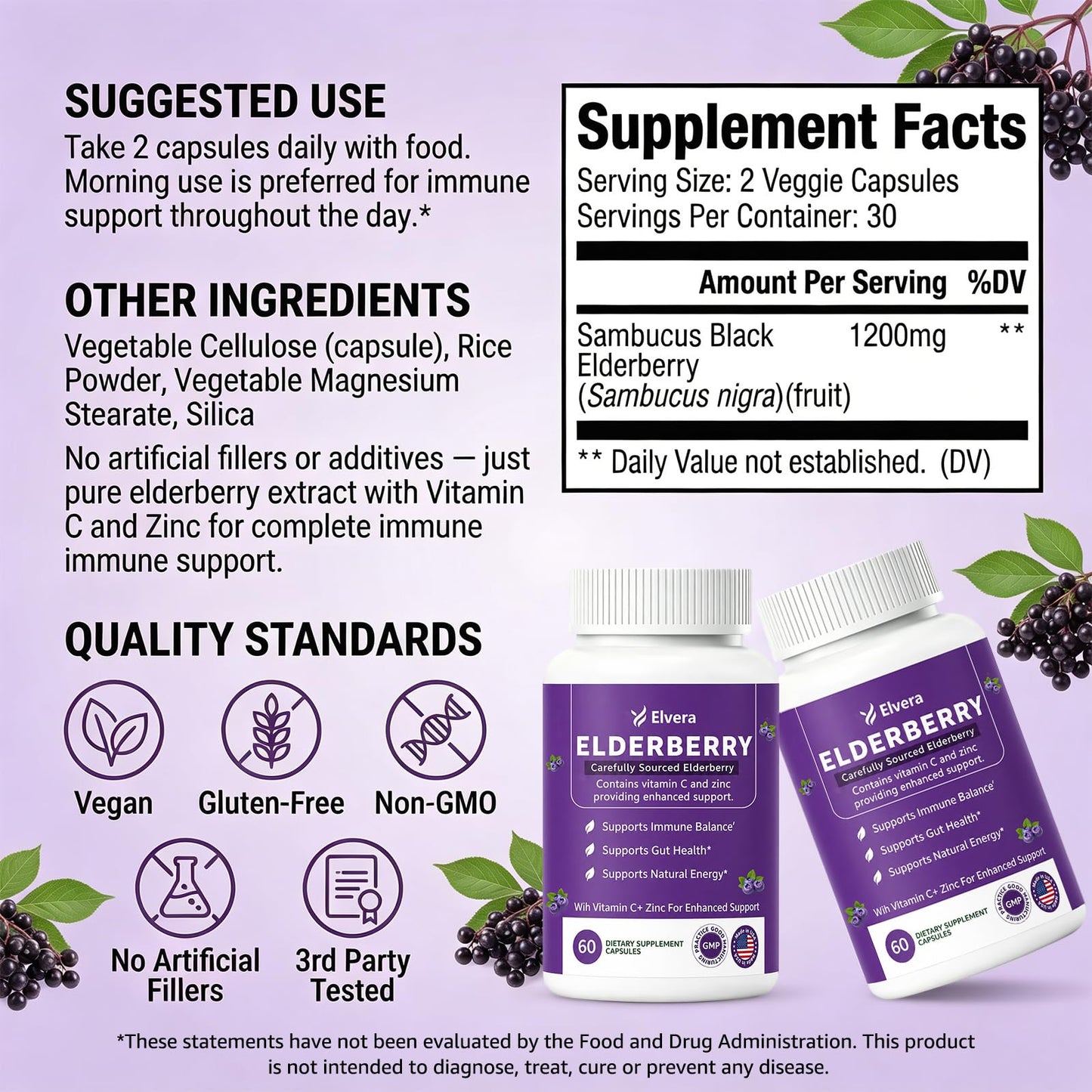 VUXON Elvera Elderberry Gut Support Soft Capsules, 120 Count